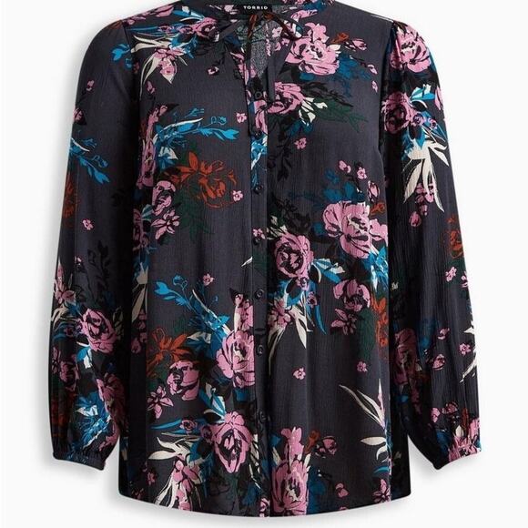 Torrid Pink Gray Relaxed Tie Front Blouse Crinkle Gauze Button Front Peasant 1X - Picture 4 of 9